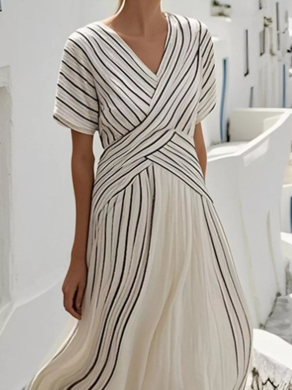 Full Size Striped Short Sleeve Wrap Maxi Dress Plus Size – Beige