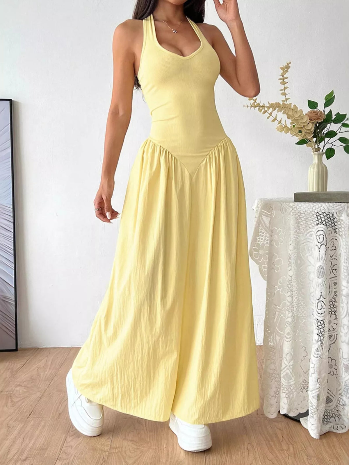 Halter Neck Ruched Maxi Dress – Yellow