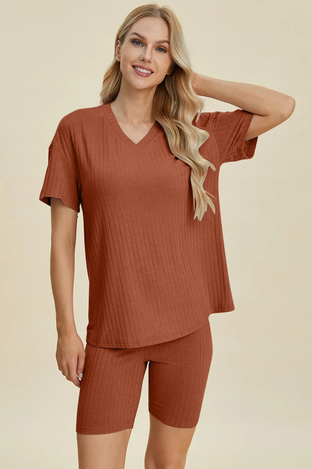 Plus Size Ribbed V-Neck Top & Shorts Set