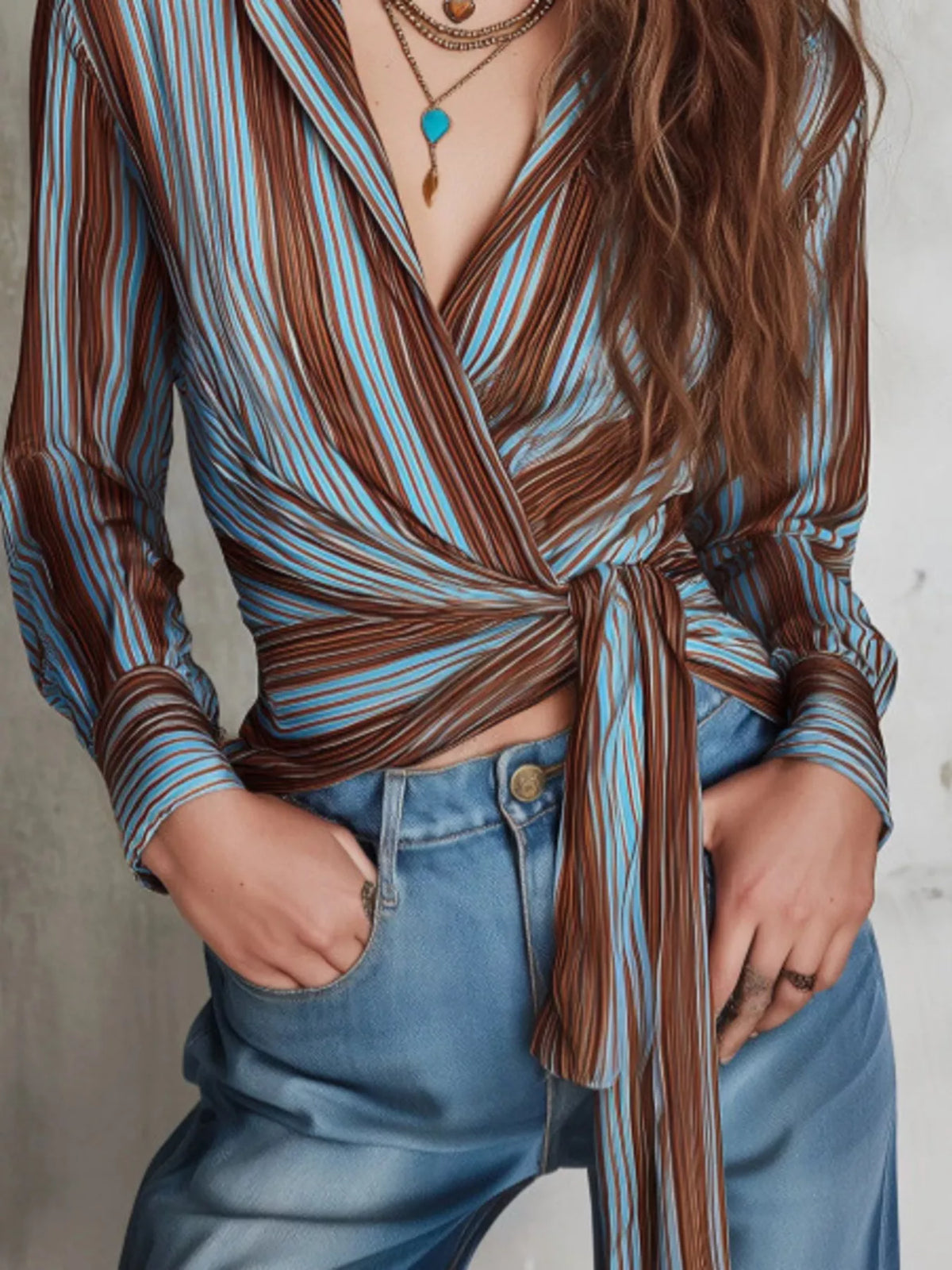 Striped Wrap Shirt with Tie-Front Detail