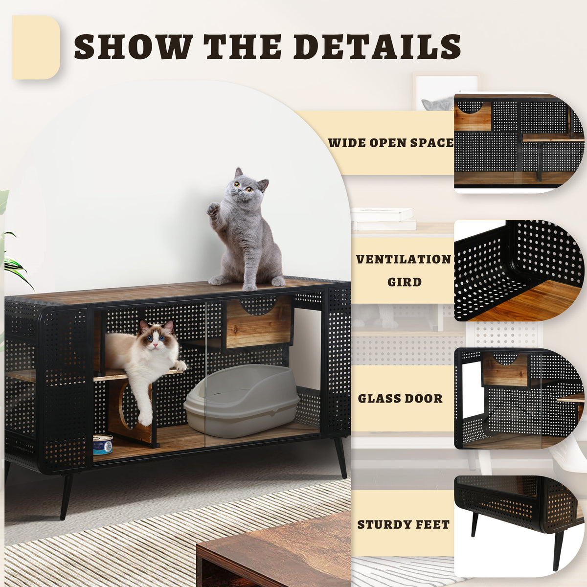 55.12" Spacious Cat House with Tempered Glass
