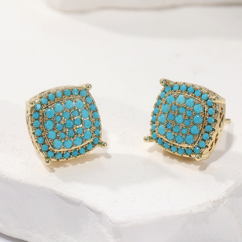Colorful Square Crystal Stud Earrings Brass Women Turquoise Multicolor Silver Gold Elegant Party Fashion Jewelry