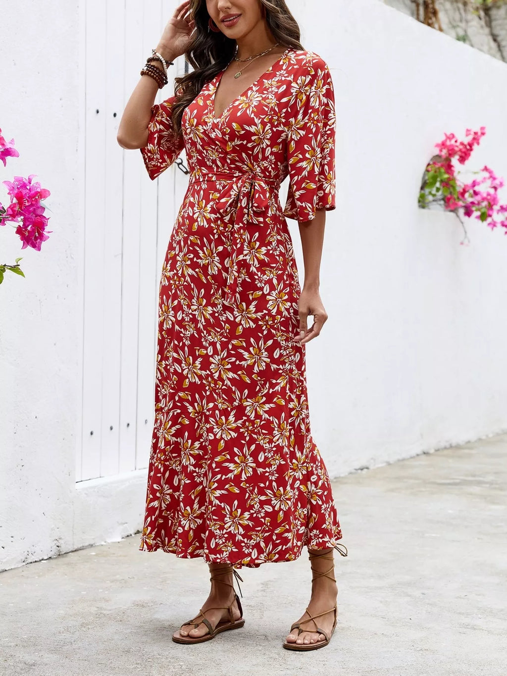 Slit Printed Surplice Midi Dress