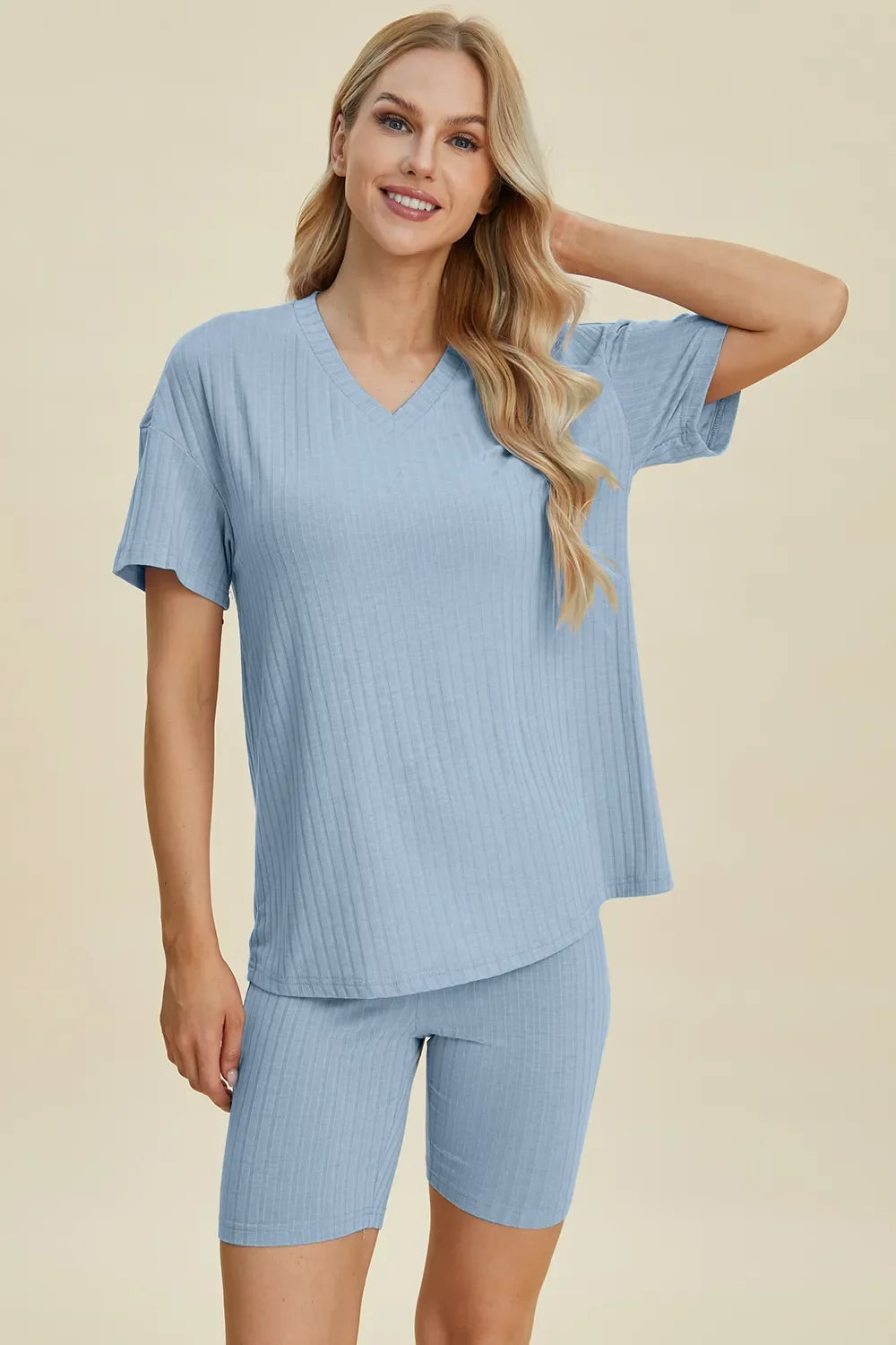 Plus Size Ribbed V-Neck Top & Shorts Set