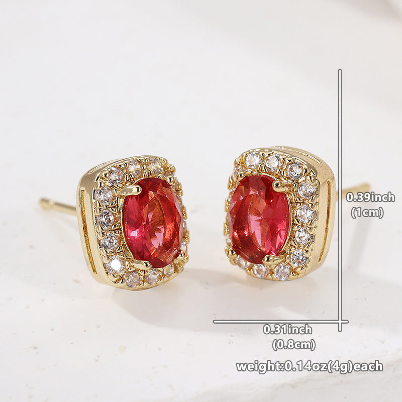 Elegant Rose Red Oval Crystal Stud Earrings Gold Tone Brass Women Party Fashion Jewelry Sparkling