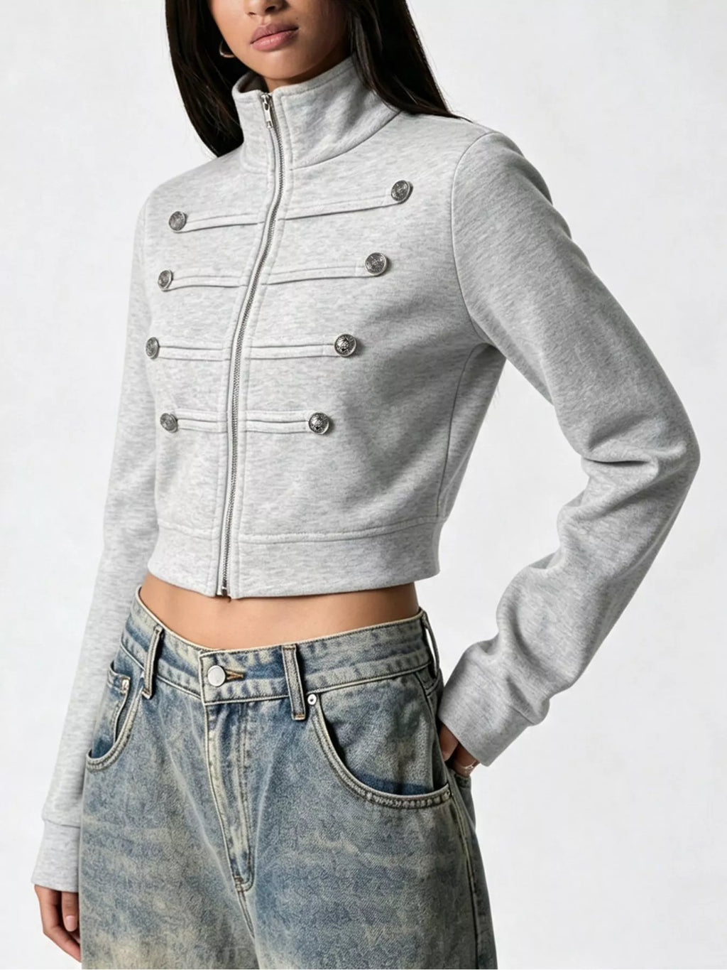 Cropped Zip-Up Outerwear with Decorative Buttons