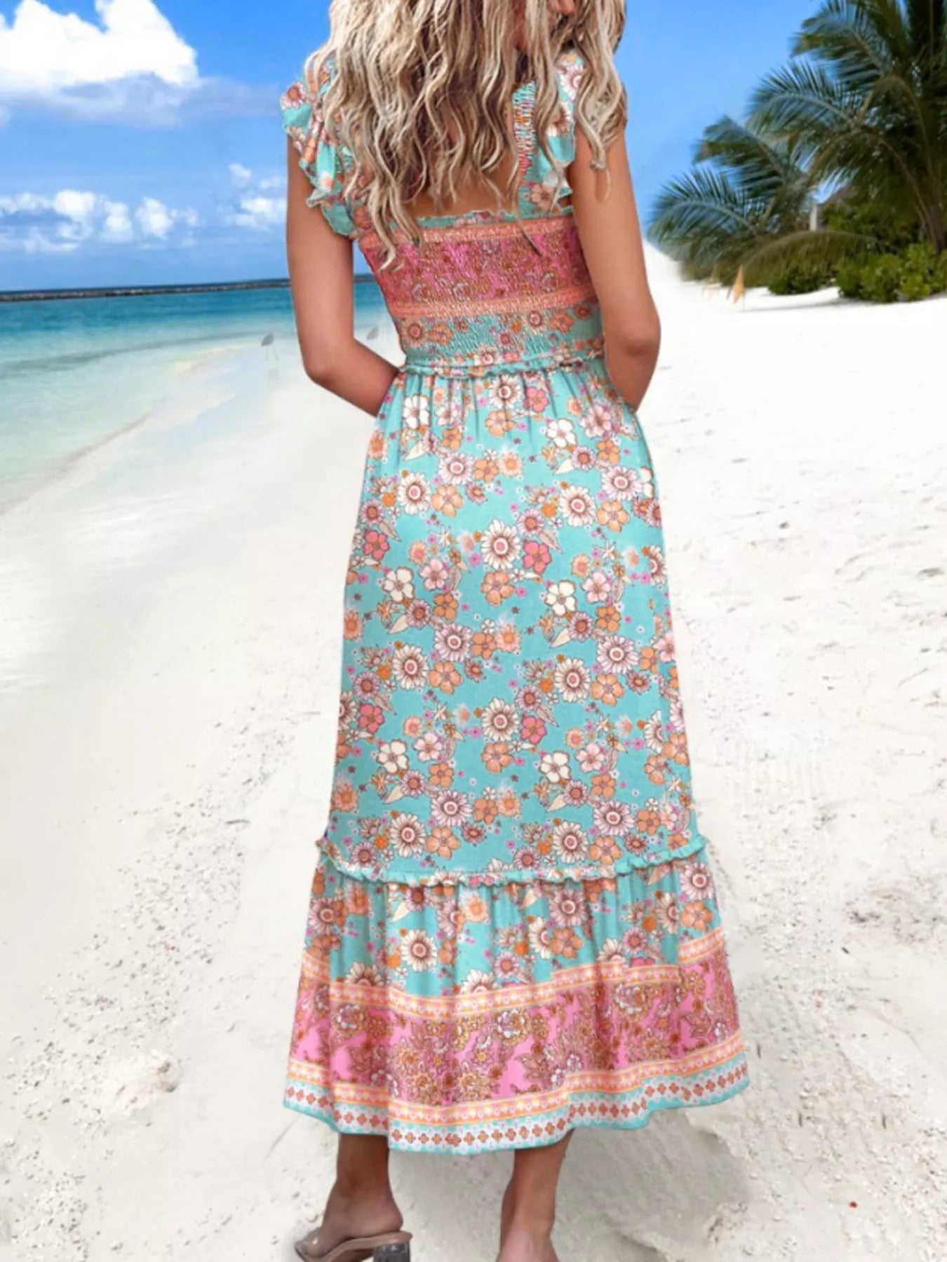 Tropical Palm Print Square Neck Midi Dress