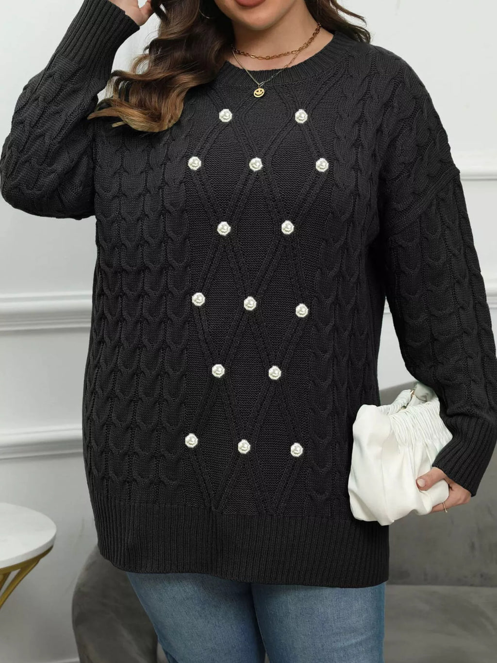 Plus Size Cable Knit Dropped Shoulder Sweater
