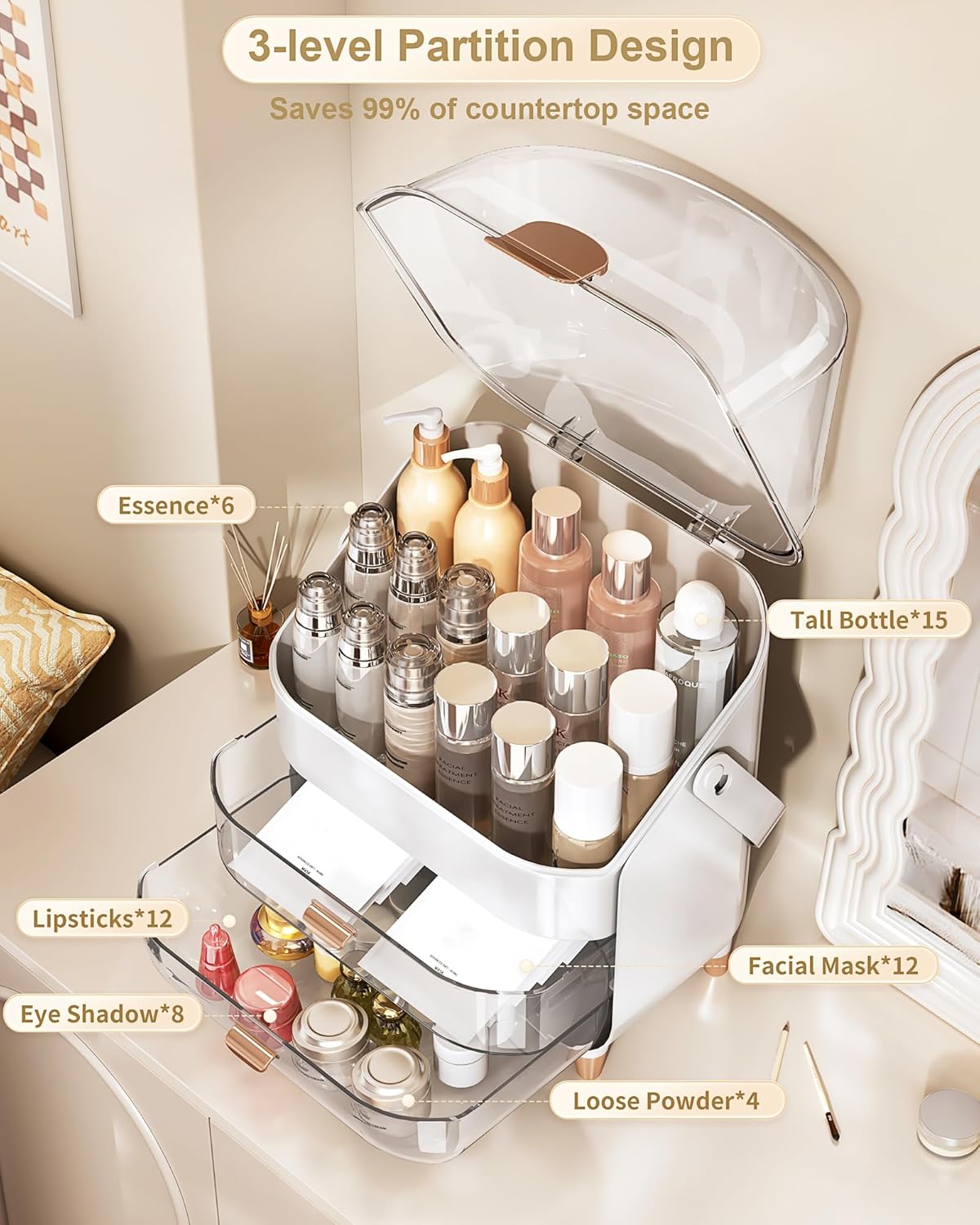 Makeup Organizer With Skincare Holder - Acrylic Cosmetic Storage Box, 4 Colors - Vanity & Bathroom Counter Organizer - Perfect Teen Girl Gift