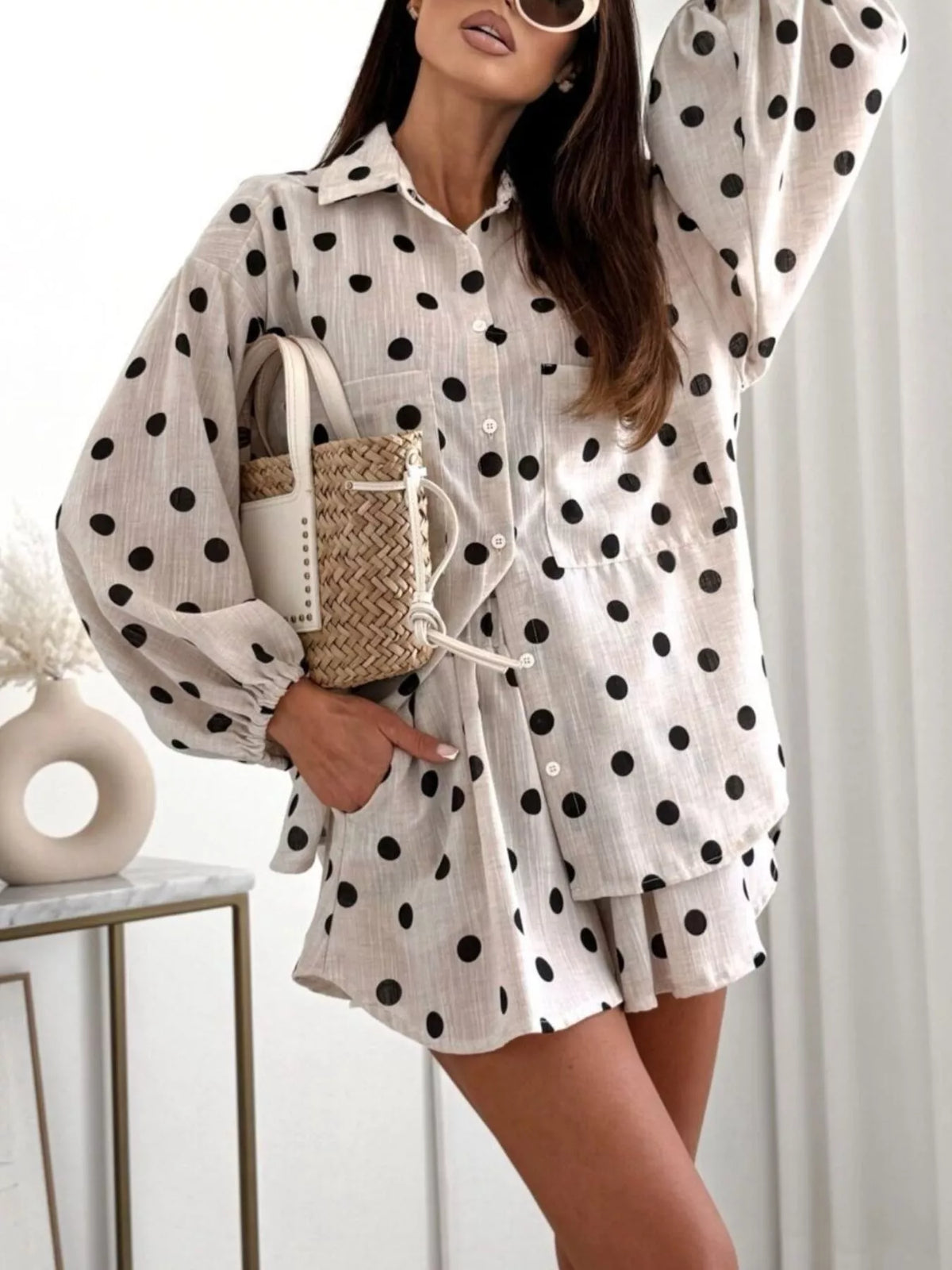 Long Sleeve Shirt and High-Waisted Shorts Set