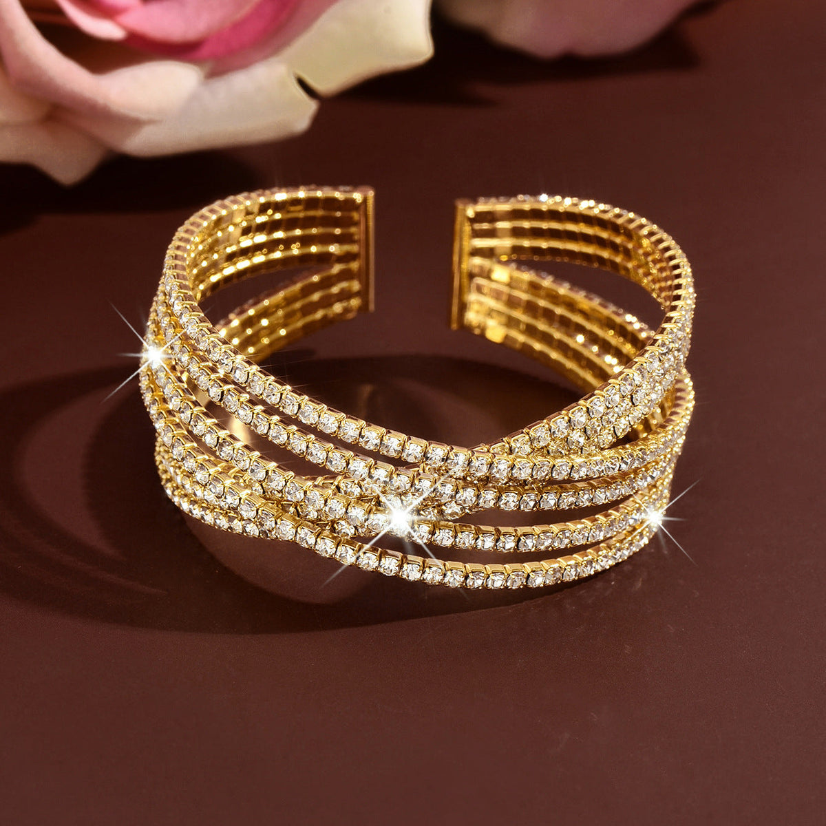 Eco-friendly Full Zircon Cross C Shape Wide Open Elastic Bangle Statement Women Wrist Jewelry For Banquet Party Occasions
