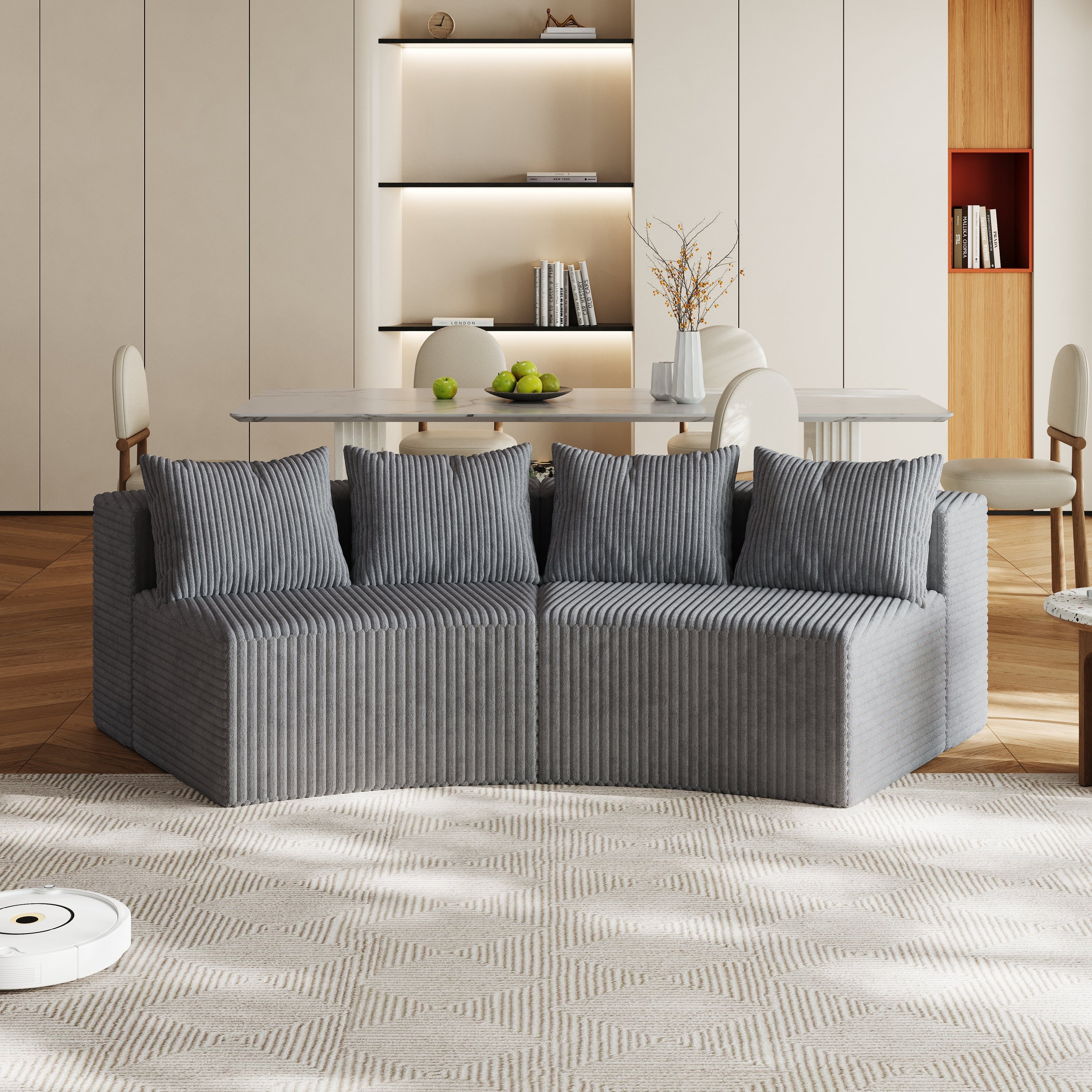 Corduroy Curved Sectional Sofa with Four Pillows