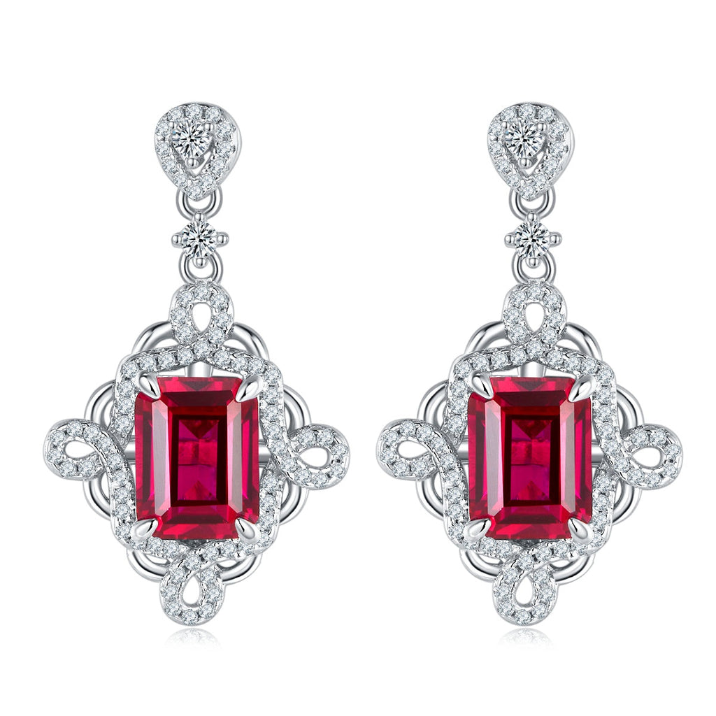 S925 Silver 4.4g Platinum Plated Lab-Created Ruby Drop Earrings, 8x6mm Emerald Cut 4ct, Pair