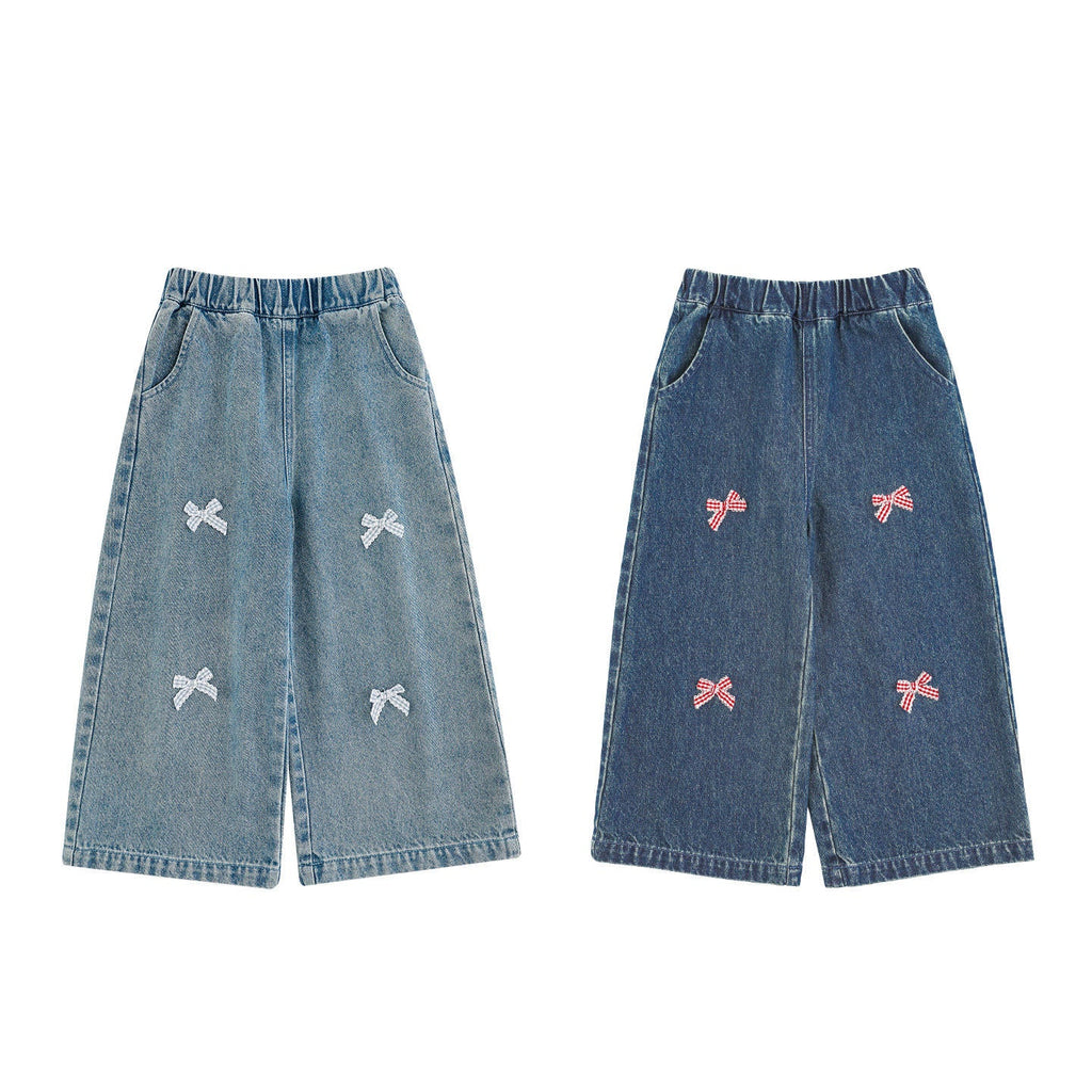 Girls' Wide Leg Bow Embroidered Elastic Waisted Jeans