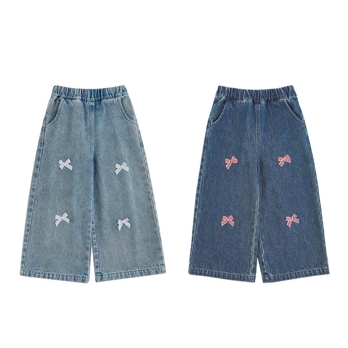 Girls' Wide Leg Bow Embroidered Elastic Waisted Jeans