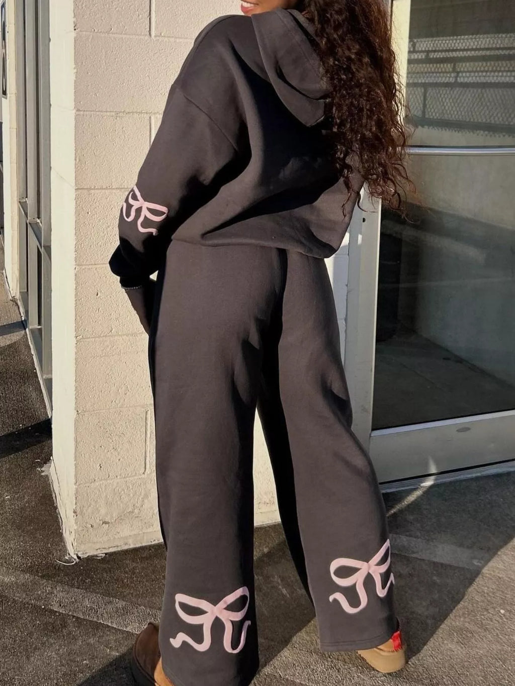 Bow and Heart Dropped Shoulder Hoodie and Pants Set