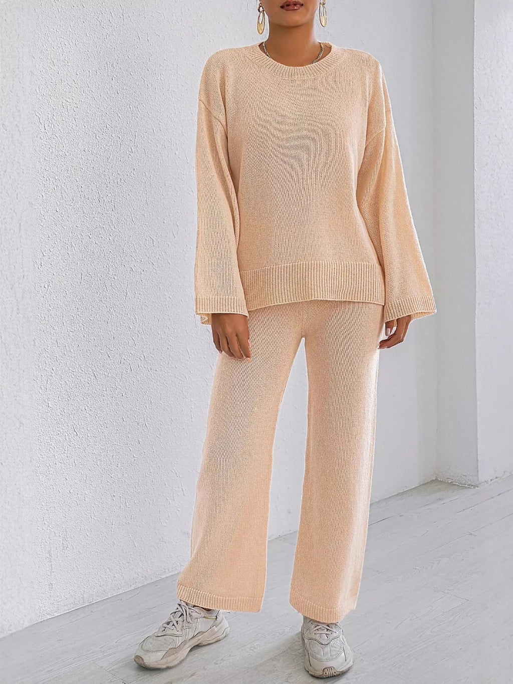 Dropped Shoulder Top and Pants Sweater Set