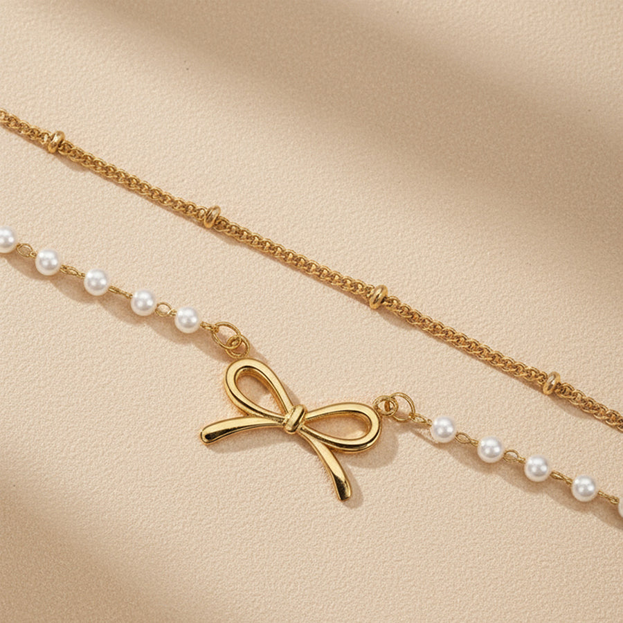 Women Double Layer Anklet Gold Tone Bow Knot Artificial Pearl Beaded Ankle Bracelet Adjustable Stainless Steel Dainty Summer Beach Foot Jewelry Gift For Ladies