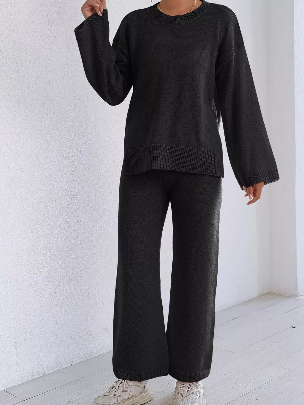 Dropped Shoulder Top and Pants Sweater Set