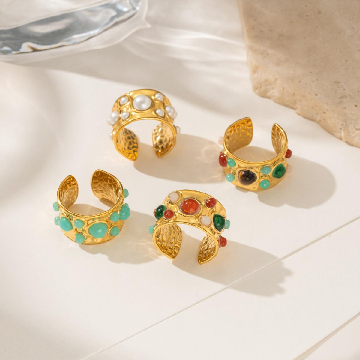 Geometric Adjustable Ring Stainless Steel Multi Gemstone