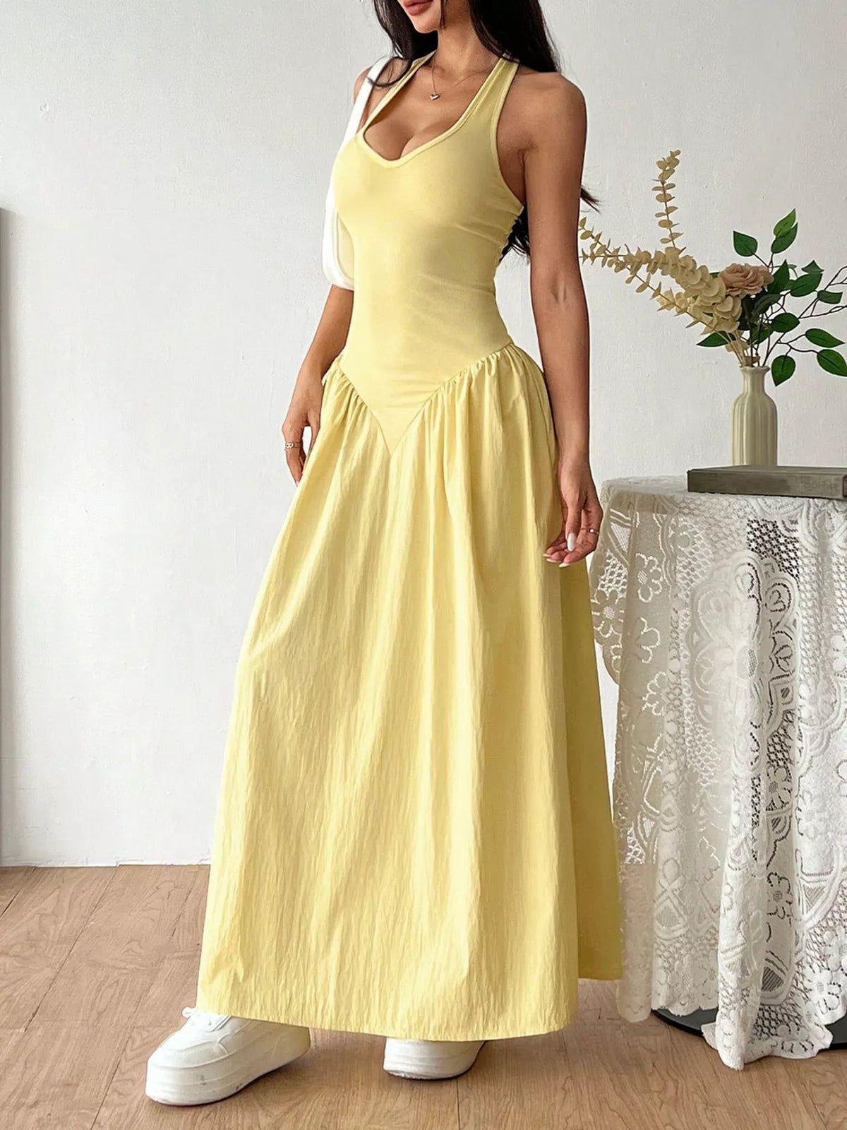 Halter Neck Ruched Maxi Dress – Yellow