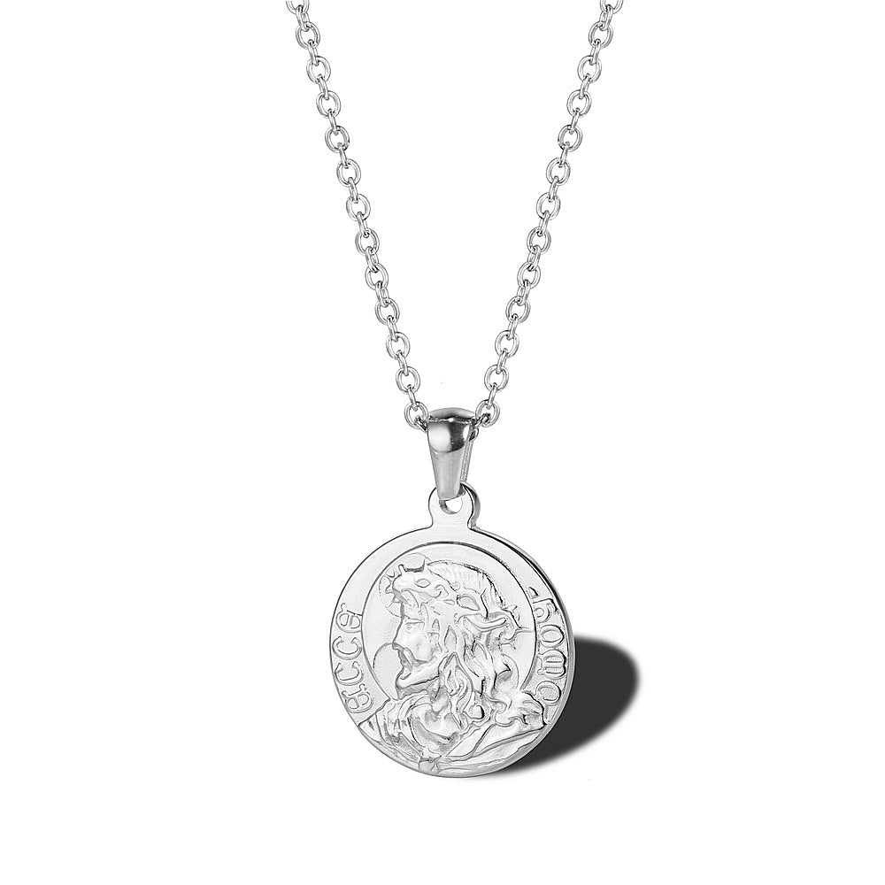 Geometric Profile Coin Titanium Steel Necklace