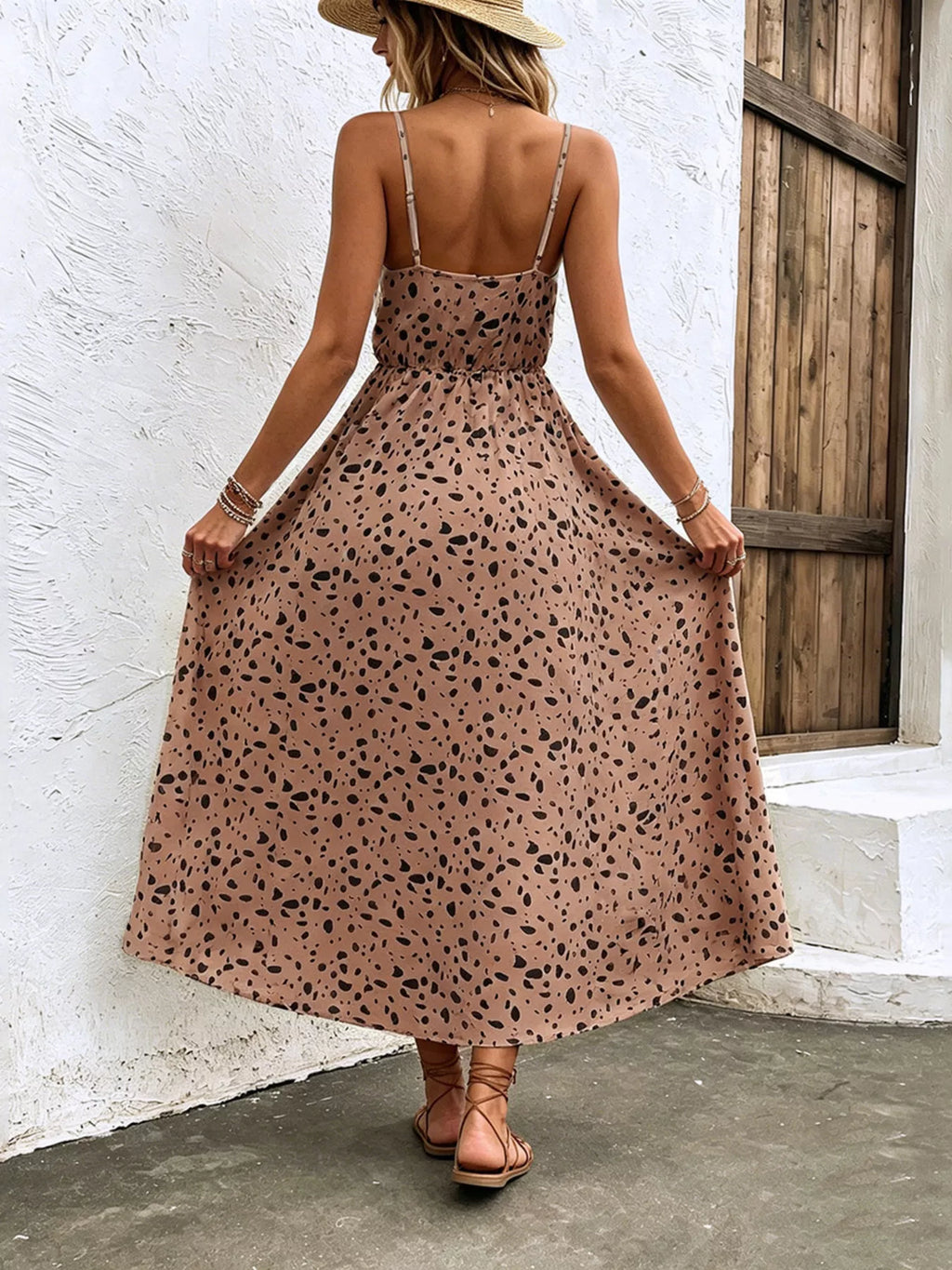 Floral Print Spaghetti Strap Midi Dress – White / Taupe