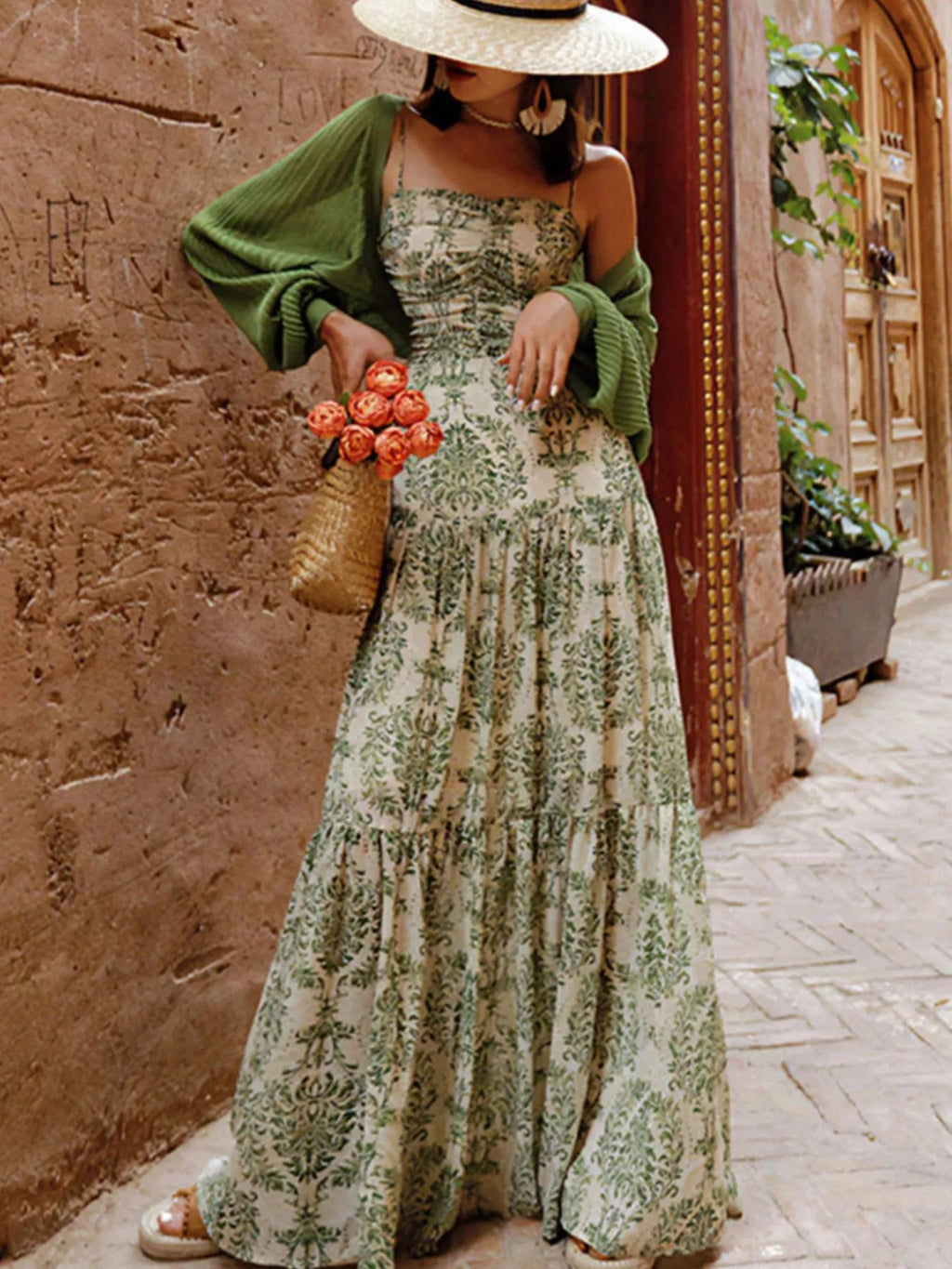 Cutout Back Printed Spaghetti Strap Tiered Maxi Dress