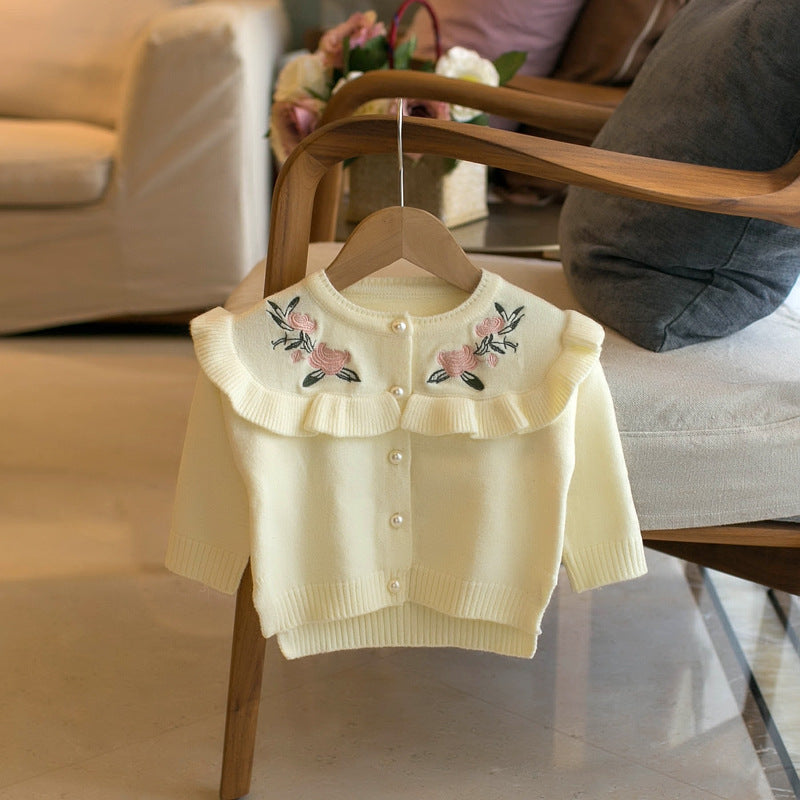 Delicate Crew Neck Embroidered Cardigan Sweater