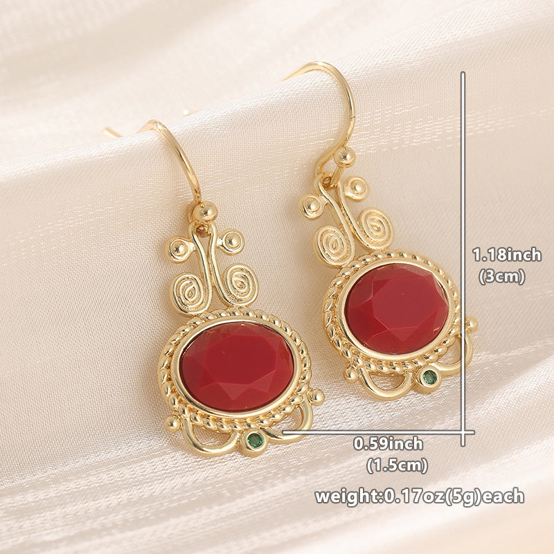 Vintage Oval Stone Drop Earrings Gold Tone Brass Women Red Green Boho Party Fashion Jewelry