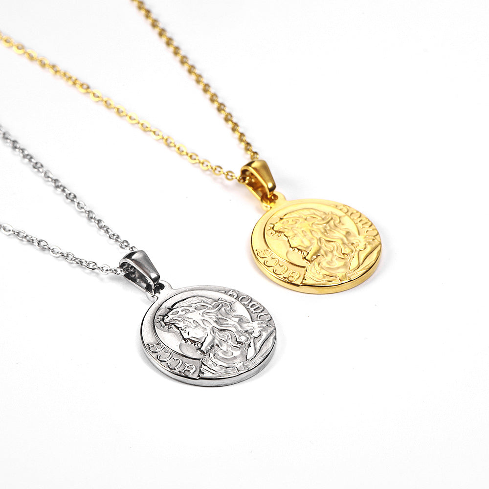 Geometric Profile Coin Titanium Steel Necklace