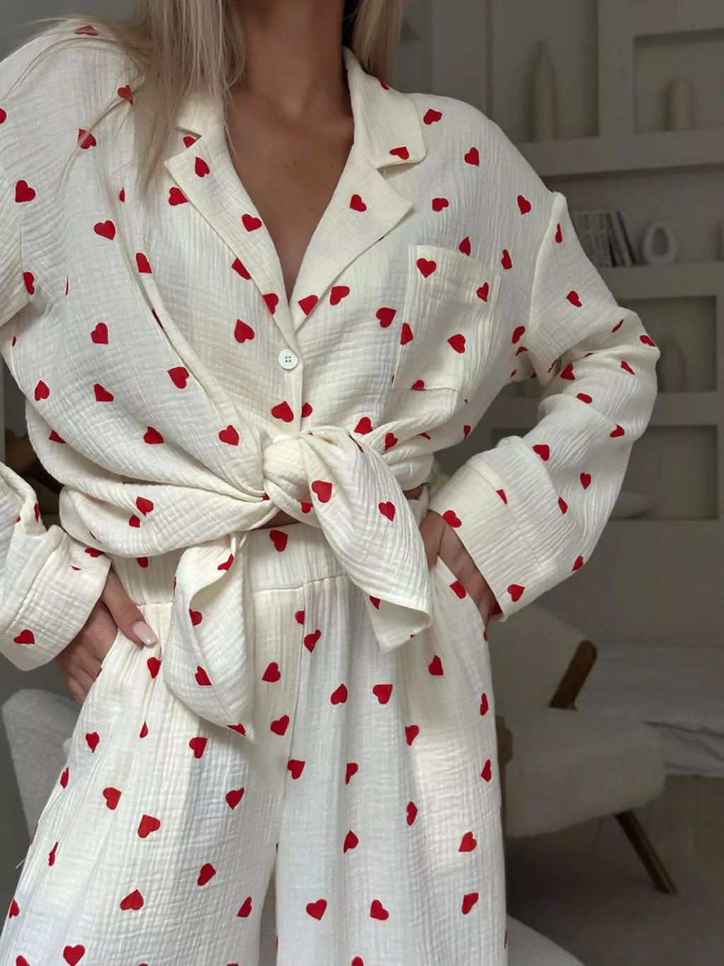 Heart Print Button Up Top and Pants Lounge Set – Apricot / Pink