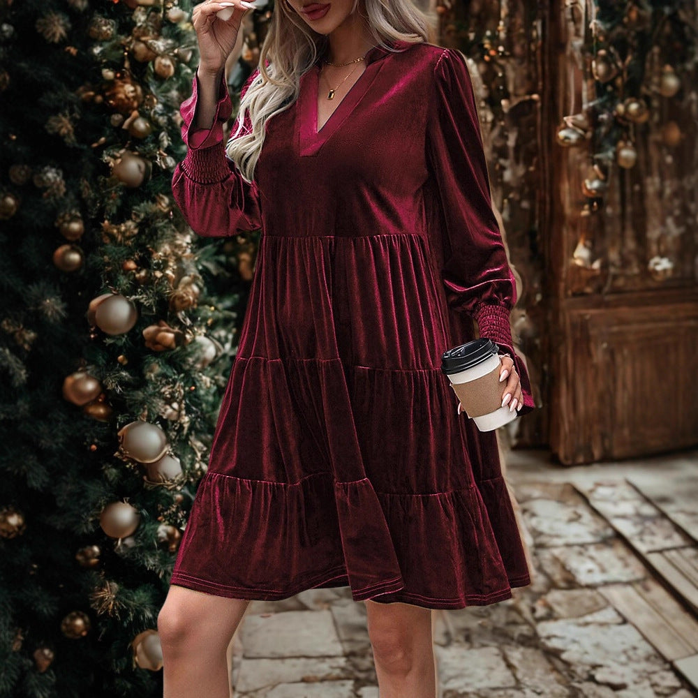 Long Sleeve Christmas Skirt Velvet Cake Dresses With Puffy Sleeves And V-Neck Mini Skirt Elegant Short Dress For Women New Year Party Clothing