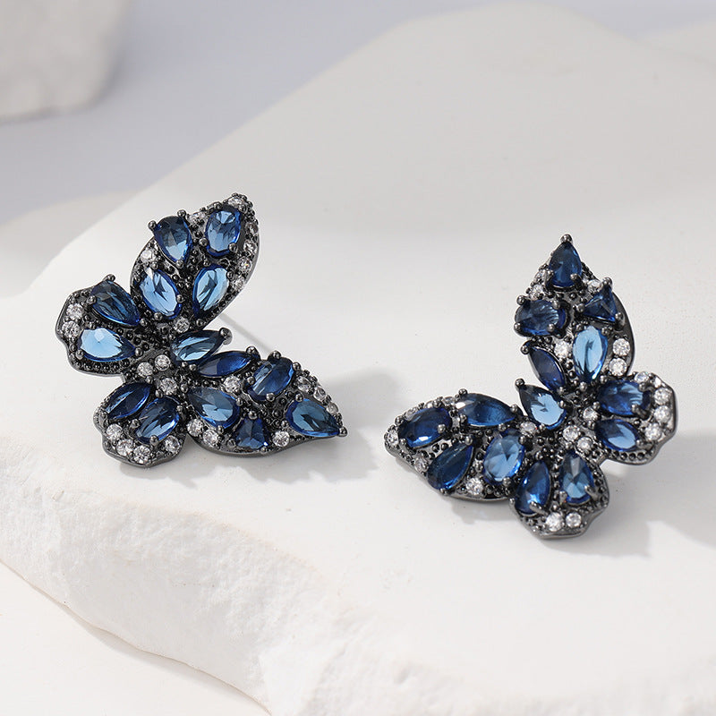 Colorful Butterfly Crystal Stud Earrings Brass Women Blue Rose Green Wedding Party Elegant Fashion Jewelry