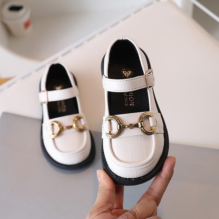 2026 Spring Trendy JK Style Girls Leather Shoes Metal Buckle Baby Flats Kids Casual Leather Shoes