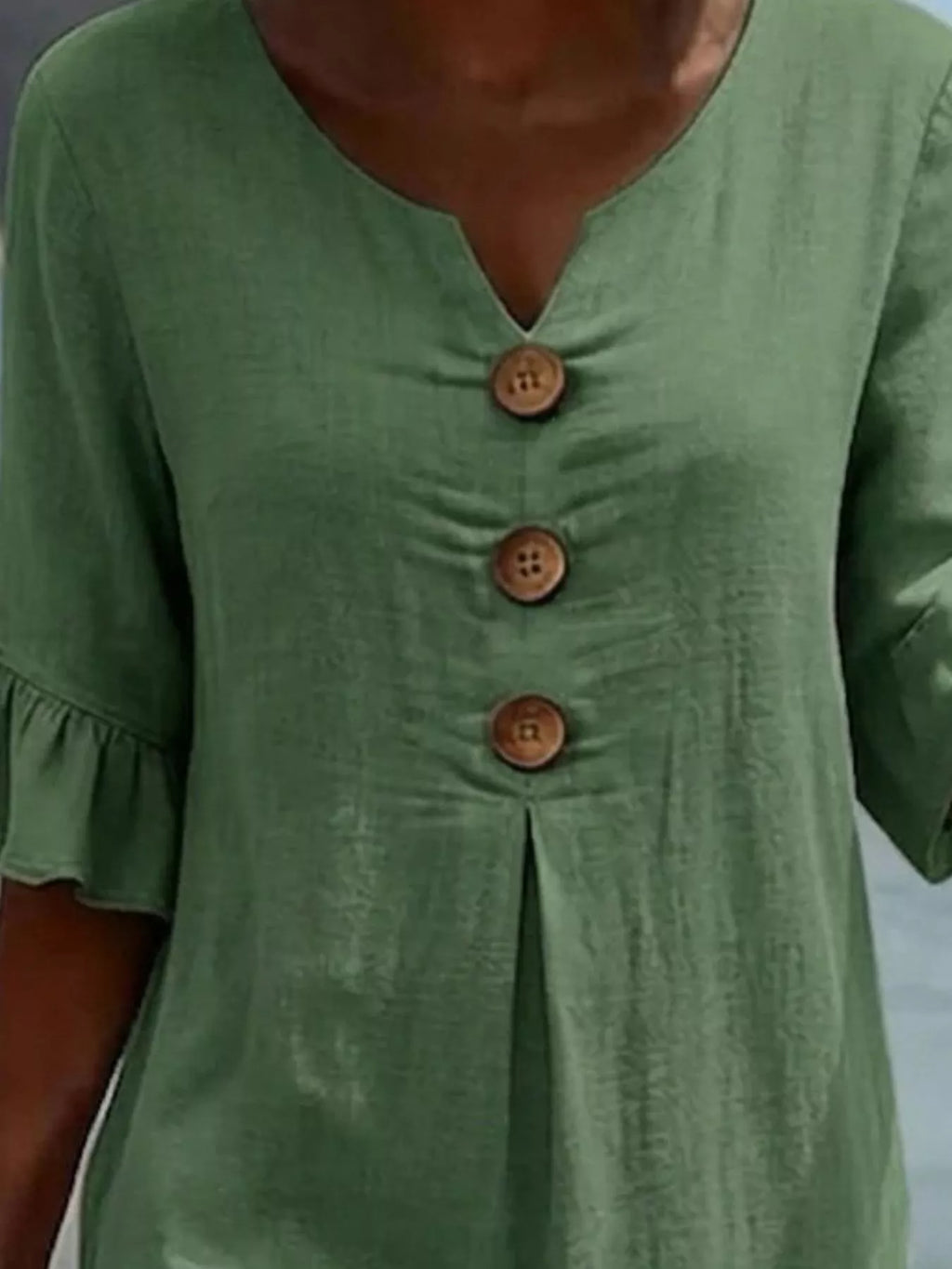 Full Size Decorative Button Ruffle Half Sleeve Dress Plus Size