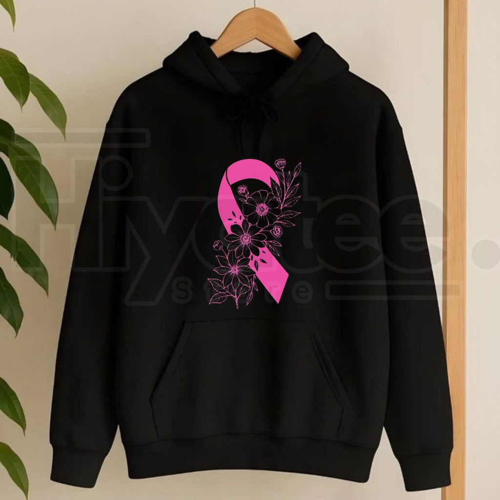 Breast Cancer Ribbon with Flowers Pullover Hoodie – Floral Hope & Awareness Floral Graphic Sweatshirt