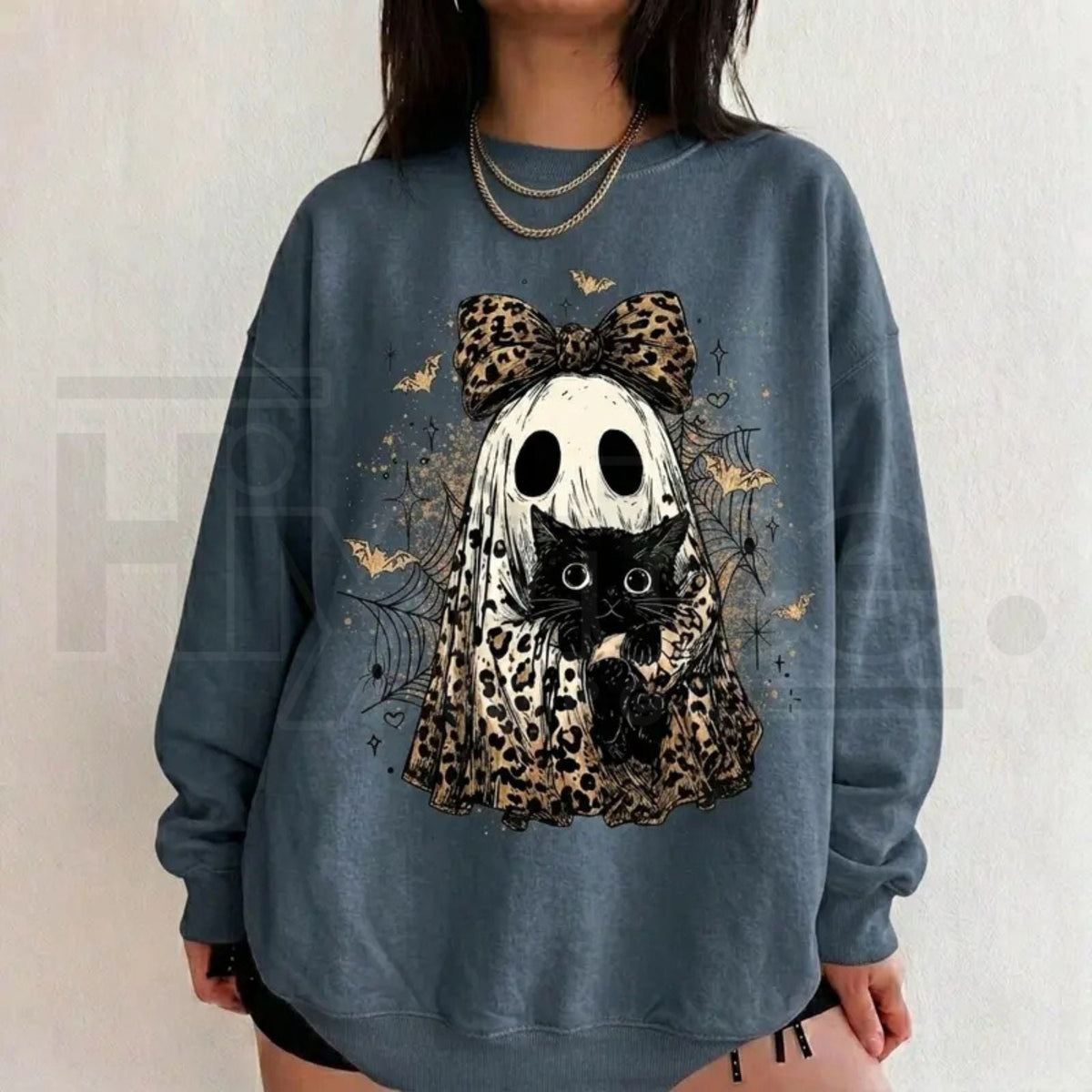 Leopard Ghost Cat Halloween Sweatshirt – Cute Spooky Black Cat Graphic Shirt, Coquette Bow Ghost Fall Outfit