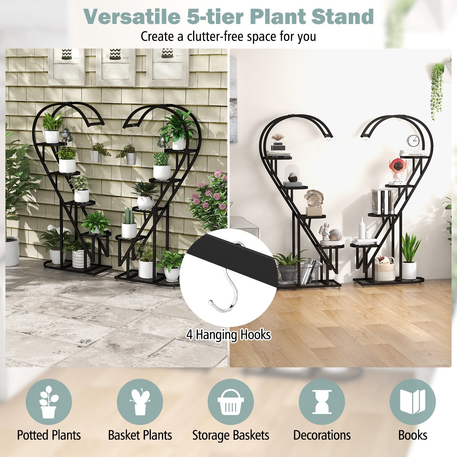 5 Tier Metal Plant Stand with Hanging Hook for Multiple Plants