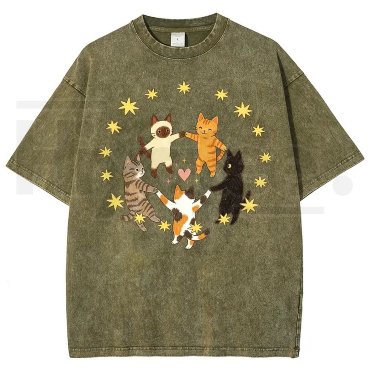 Five Holding Hands Circle Cats Yellow Star Heart Vintage Washed Tee – Y2K Aesthetic Cute Graphic Shirt