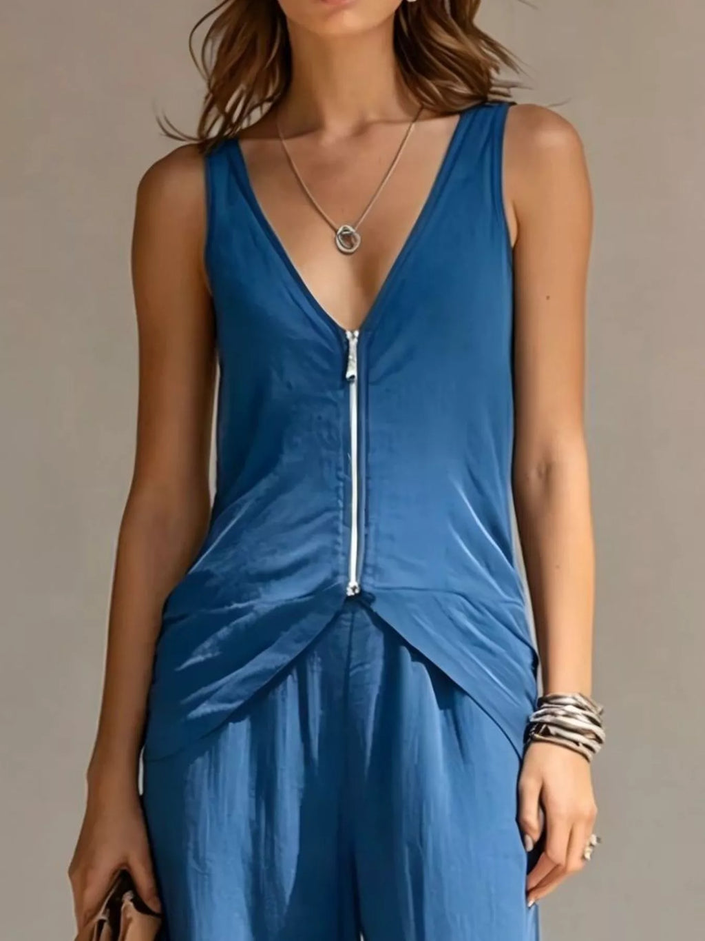 Full Size Zipper Front Tank and Wide-Leg Pants Set Plus Size