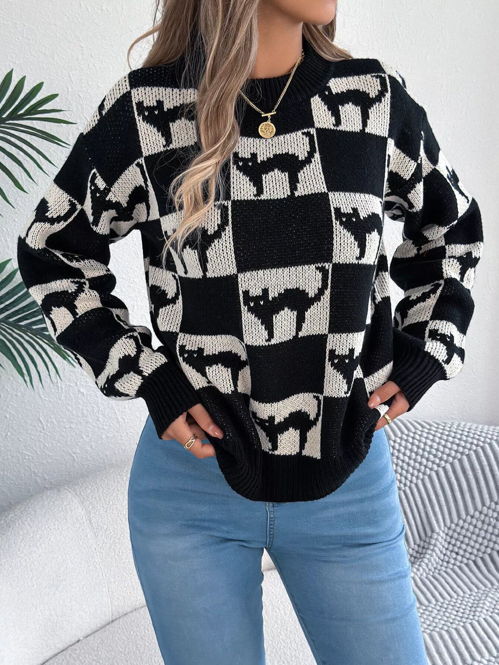 Checkerboard Halloween Graphic Sweater