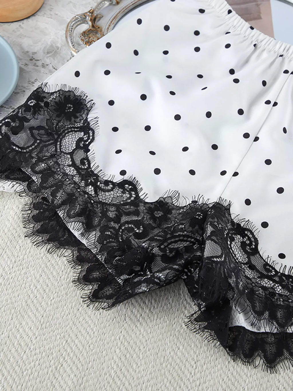 Polka Dot Lace Trim Cami & Cardigan and Shorts Set
