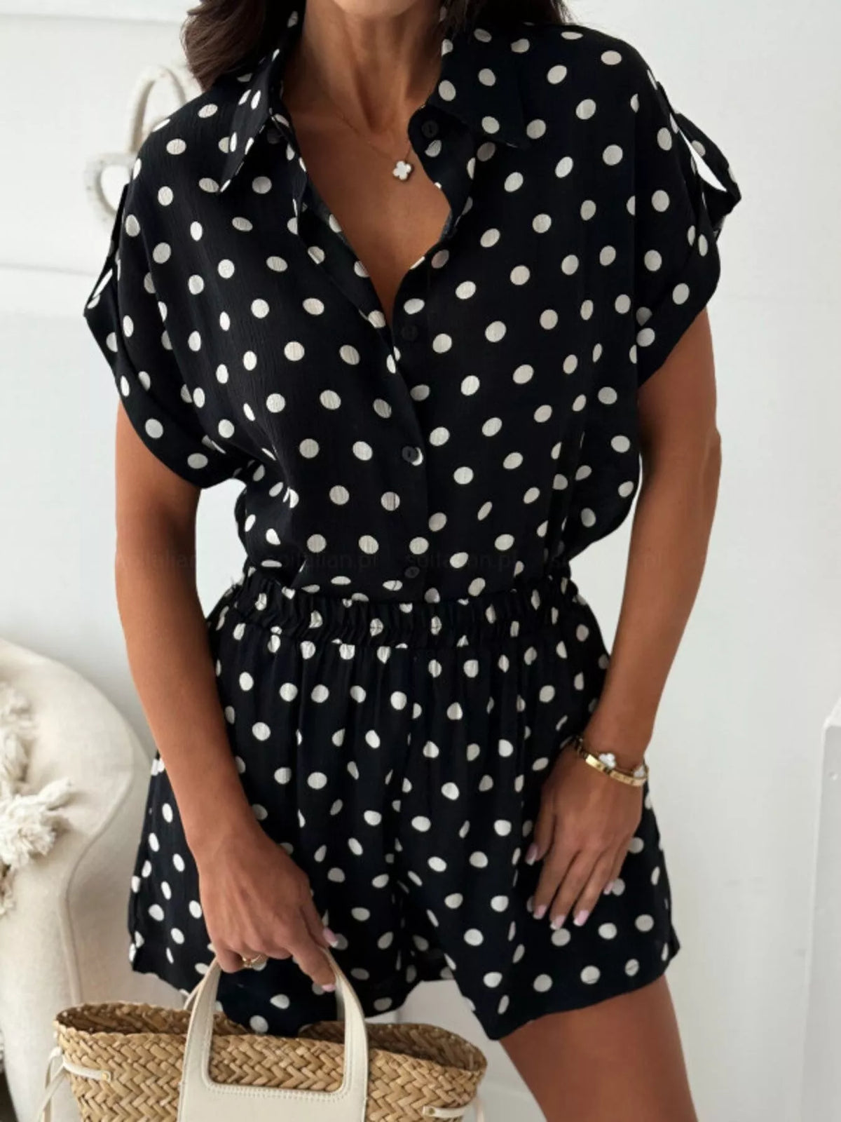 Polka Dot Button Up Shirt and Shorts Set – Black / Ivory