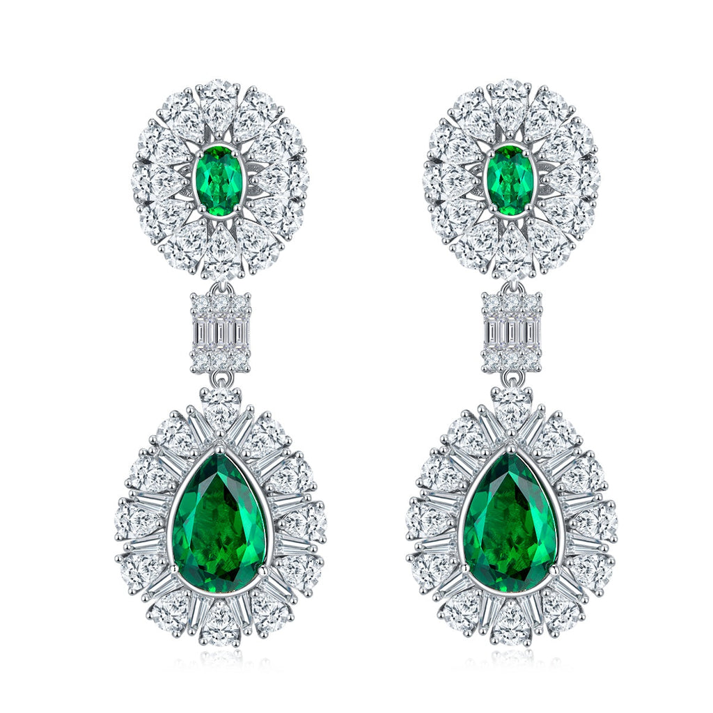 S925 Silver 15.4g 8ct Lab-Created Emerald Drop Earrings, 12x8mm & 6x4mm