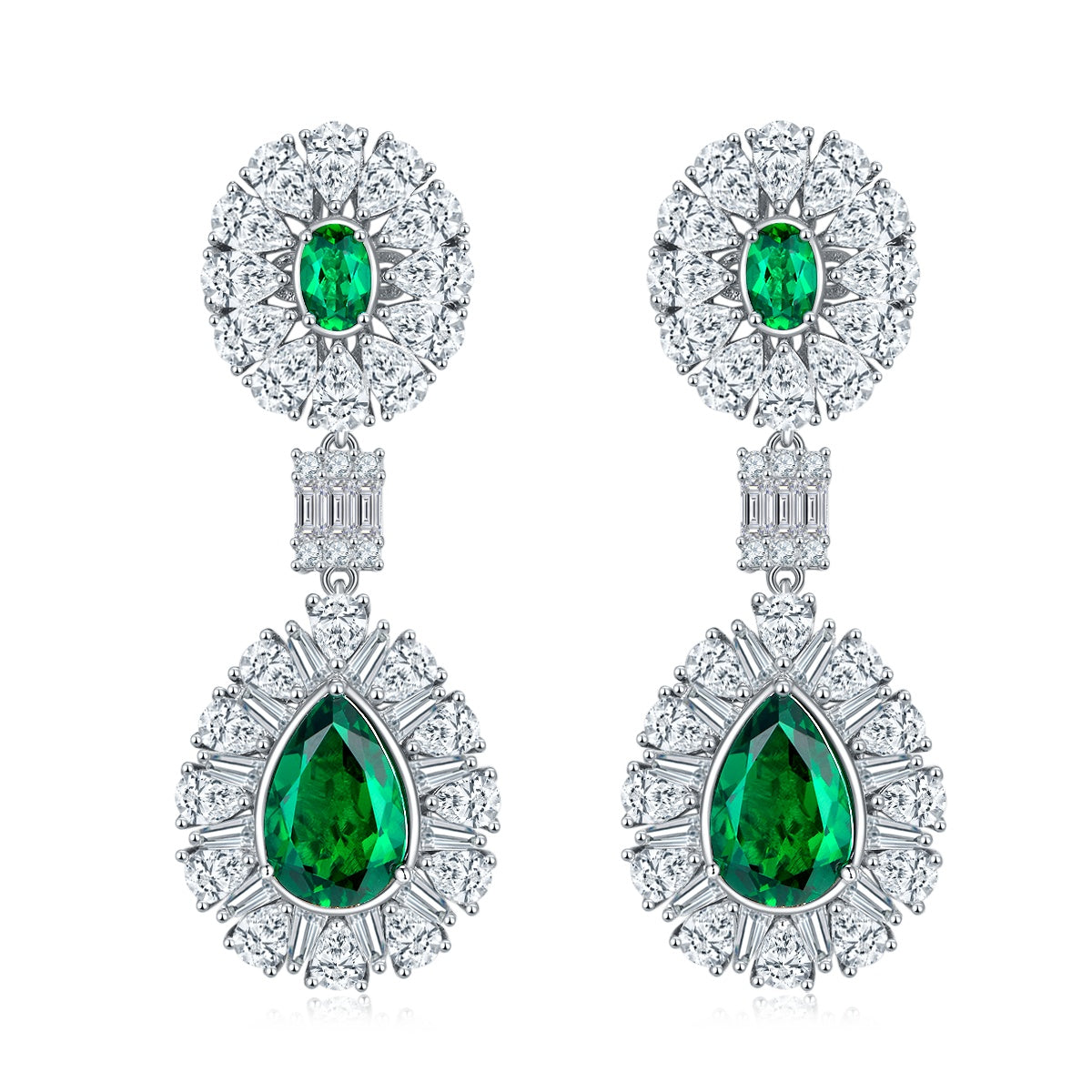 S925 Silver 15.4g 8ct Lab-Created Emerald Drop Earrings, 12x8mm & 6x4mm