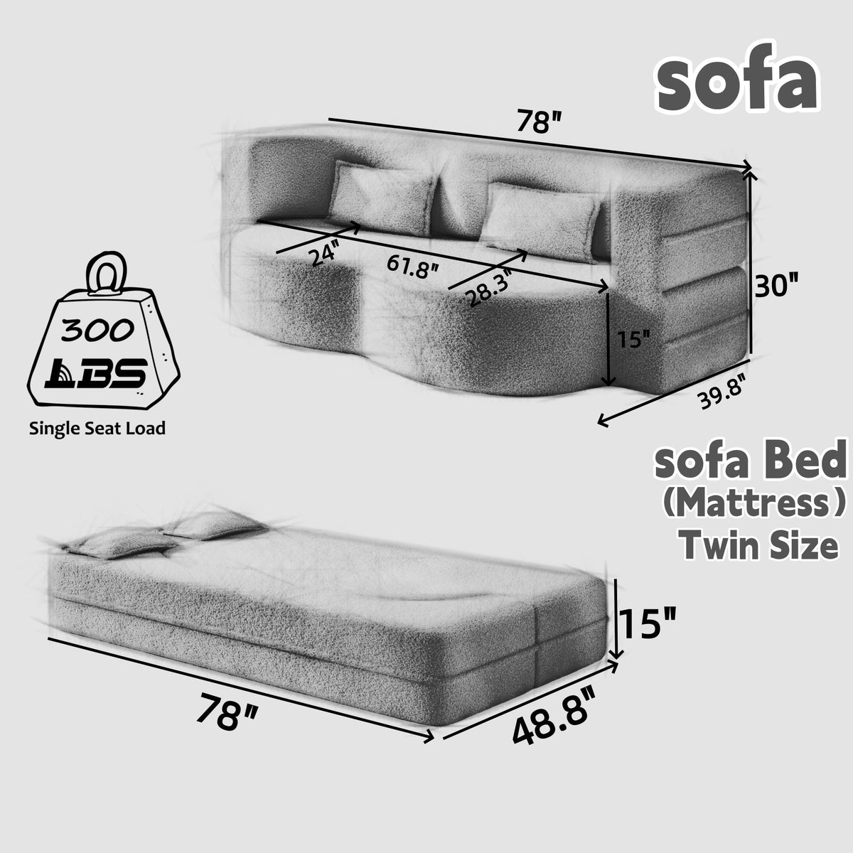 Modern Convertible Floor Sofa with 2 Pillows