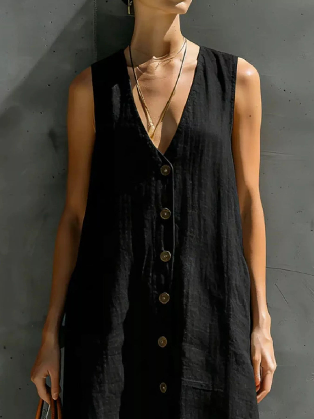 Full Size Sleeveless V-Neck Button-Down Linen Maxi Dress Plus Size