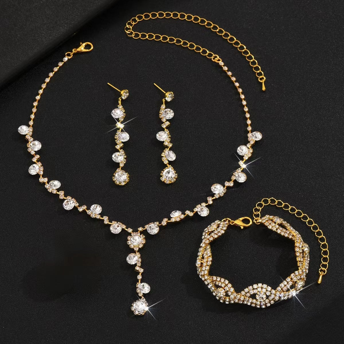 2026 Cross-border Rhinestone Jewelry Necklace Earring Bracelet Three-piece Jewelry Accessories Bridal Wedding Jewelry All-match