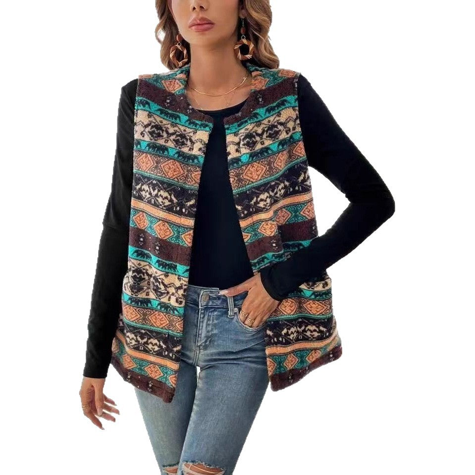 Women's Printed Double-sided Plush Buttonless Cardigan